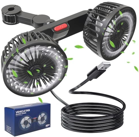 Afenau Auto Ventilator, 5V 2A Doppelkopf Kopfstütze Autolüfter, 3 Gang Einstellbar Tragbarer Auto Lüfter 360° Drehbar, USB Ventilator Auto, Rücksitz-autoventilator für Auto Home Office Ventilator
