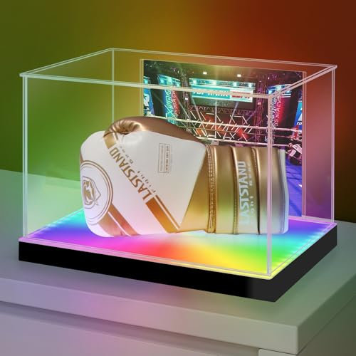 Huijintao Vitrine de présentation pour Gants de Boxe, Vitrine Acrylique avec éclairage LED, Protection UV et Anti-poussière pour Gants de Boxe Autographié, LED Vitrine avec Support et Porte-Photo