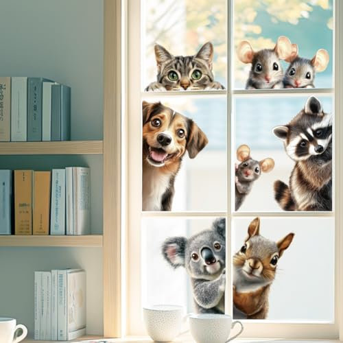 ANATTASOUL Fensterbilder Doppelseitig Eichhörnchen, Hund und Katze Fensterdeko Wiederverwendbar Fenstersticker Blickdichter Fenster Aufkleber Deko Frühling Sommer für Kinderzimmer Badezimmer