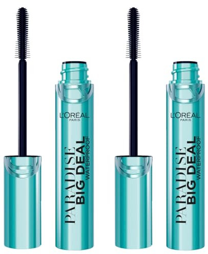 L'Oréal Paris Paradise Big Deal Waterproof Mascara, schwarz, Volumengebend, verlängerend, intensiver Blick, modularer und schichtbarer Self-Smoothing-Komplex mit Cross-konischer Bürste, 2 Mascaras