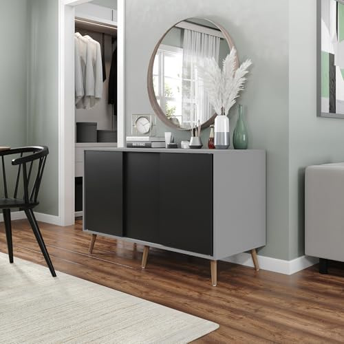 URBNLIVING 3-Door Sliding Sideboard Cabinet with Wooden Legs, Modern Cupboard, Credenza for Living Room, Dining Room or Office, Storage Organizer with Stylish Sliding Doors, Mix & Match Colour Combos