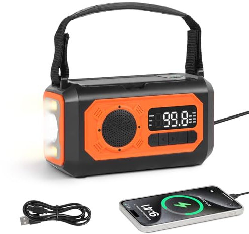 PopuLike Wind Up Emergency Radio, 12000mAh Solar Wind Up Radio with LCD Display SOS Alarm Reading Lamp, Hand Crank Radio with USB Charger Torch Headphone Jack for Home Outdoor Camping, Orange