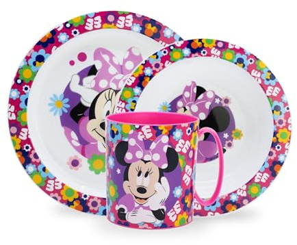 Sorrisini Wiederverwendbares Geschirr-Set, Kinderteller für Kindergarten, Scoula mit Teller, Schüssel, Tasse, Set zur Entwöhnung aus Hartplastik, mikrowellengeeignet, Minnie