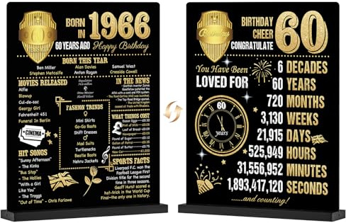 Benjia 60th Birthday Table Sign Decoration, 60 Years Birthday Display Card Gift For Men Women, Born in 1966 UK Poster Table Signs Holder with Stand, Bday Party Supply Decor 20x25 cm, Black Gold