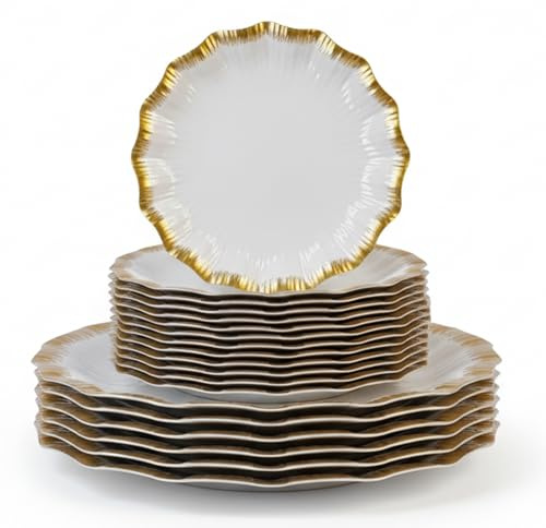 Luxia 20Pcs Elegant White Plastic Plate with Gold Edge Design – Reusable 10 Dinner and 10 Dessert Plates Set -Hard Plastic Plates for Parties, Weddings, Birthday Events, Elegant Party Tableware