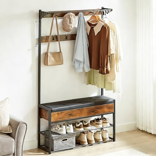 Cenbunsh Garderobenständer mit Schuhablage, Garderobe mit Sitzbank, 5 in 1 Garderobe mit Kleiderhaken und Eine Aufbewahrungsbox für Flur Schlafzimmer und Wohnzimmer, 175 x 30 x 100 CM, Dunkelbraun
