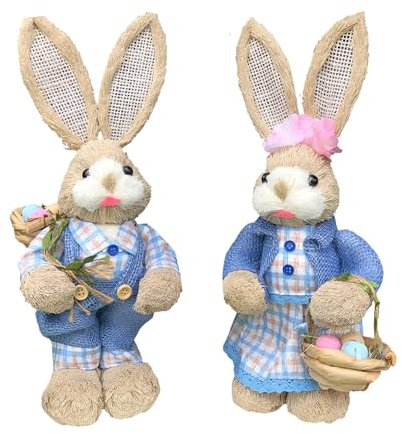Pemarcy 2 Stück Osterhasen Tischdeko, 35 cm Große Handgewebte Hasen Dekoration, Karotten Hase Figure, Frühlingdeko für Ostern Party, Schlafzimmer, Wohnzimmer (E)