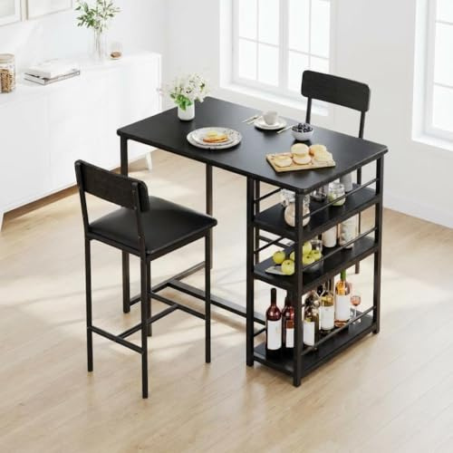 Crevyteg Bartisch mit Barhocker Set, Bartisch 3 Teilig, Esstisch mit 2 Stühlen 3 Ablagen, Barhocker mit Metallrahmen, Essgruppe für 2 Personen für Zuhause, Küche, Schwarz