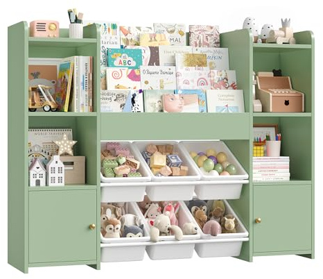 FOREHILL Kinderregal, Regal für Kinderzimmer, Spielzeug Aufbewahrung, Grün | Kinderzimmer Möbel, Bücherregal für Kinder, Kinderschrank, Kinderkleiderschrank, Kinderregal mit 6 Boxen 119x29,5x94 cm