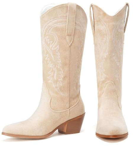 COOLCEPT Beige Cowgirl Boots for Women Mid Calf Cowboy Boots Pointed Toe Block Heel Western Boots Embroidered Cowgirl Boots for Festival Concert Party Size 38