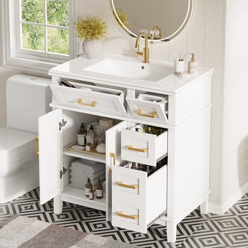 MSMOK Mueble de baño con lavabo de cerámica moderno con gran capacidad de almacenamiento, cajones de cierre suave, protección contra desbordamiento, color blanco