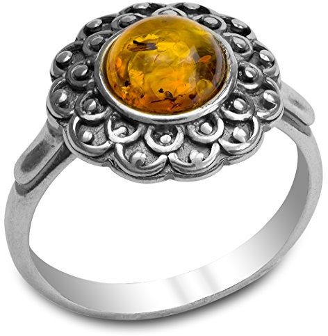 Bernstein Sterling Silber Rund Blume Ring
