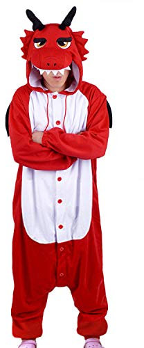 wotogold Pigiama di Drago Rosso Animale Costumi Cosplay per Adulti Unisex with Horn Red