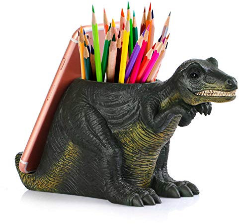 Coolbros - Porte-stylo avec support de téléphone - En forme de résine - Support de téléphone portable, pinceaux, ciseaux - Décoration pour bureau, maison - Motif dinosaure