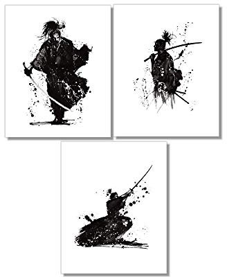 Kunstdruck Din A4 3 er Set ohne Rahmen - Samurai Krieger Japan Schwert Aquarell schwarz Bild Druck Poster Bild