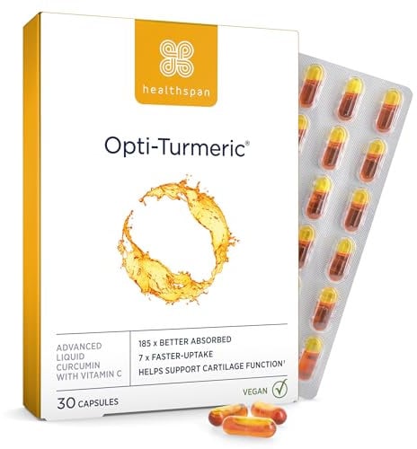Healthspan Opti-Turmeric | hochfestes flüssiges Curcumin mit 500 mg | unterstützt Knorpelbildung | Superfood | 185-mal besser absorbiert und 7 mal schneller als Standard-Kurkuma | Vegan (30 Kapseln)