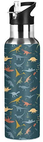 Stainless Steel Water Bottle with Straw, Dinosaur Pattern Insulated Drink Flask Sports Water Bottle for Kids Adults, Leakproof, 600ml