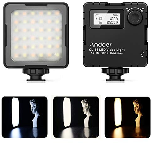 Lampe vidéo LED CL-36, lumière Andoer rechargeable avec batterie de 2000 mAh, 2800 K-8500 K à intensité variable, lumière portable pour photographie avec 3 griffes, écran LCD pour filmer YouTube DSLR