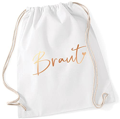 Miss Lovely JGA Turnbeutel Rucksack BRAUT Stofftasche mit Herz für Junggesellenabschied Bride Farben weiß & rosé-gold Baumwolle Maße 37 x 46cm