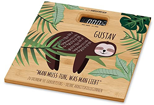 Maverton Personenwaage mit Aufdruck - Körperwaage - Größe: 30x30x3.5cm - aus Bambus - Geschenk zum Geburtstag Männer - Faultier