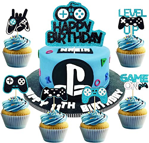 Tarklanda 31PCS Video Game Cake Toppers Happy Birthday Cupcake Picks Gaming Theme Topper Party Banner Controller Backdrop for Kid Themed Birthday, Blue