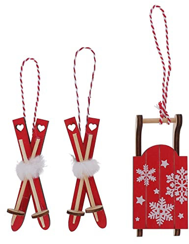 SOIMISS Christbaumschmuck Mini Schlitten Anhänger 3- TLG Miniatur Holzschlitten Baumschmuck Holzanhänger Alpen Winter Ski Fahren Christbaumdeko Holzdeko Weihnachtsdeko Weihnachtsbaumschmuck