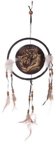 Traumfänger kuschelnde Wölfe Gothic Esoterik Magie Wolf Indianer Federn
