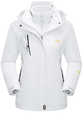 MAGCOMSEN Waterproof Jackets for Women 3 in 1 Jacket Winter Ski Jacket Fleece Lined Mountain Jacket Snow Hiking Jackets Pure White L