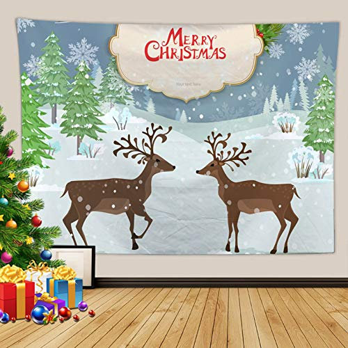 Lieson Weihnachts Wandteppich, Wandteppich Psychedelic 2 Hirsch Im Schnee Weiß Braun Tapestry Wall 200x150CM