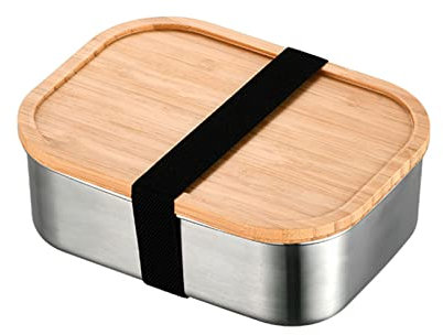 FIYSON Lunch box en bambou en acier inoxydable Lunch box en acier inoxydable,Boite Hermetique Repas boîte en métal avec couvercle en bois pour enfants et adultes lunch box personnalisée (style1,750ml)
