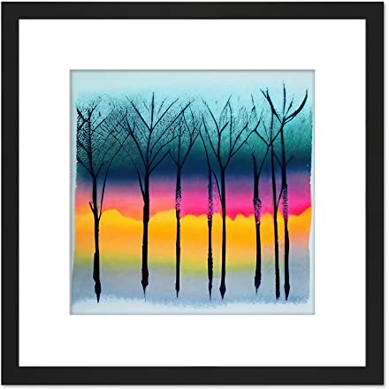 Wee Blue Coo Winter Trees At Sunset Watercolour Forest Colourful Pastel Silhouette Painting Square Wooden Framed Wall Art Print Picture 9X9 Inch