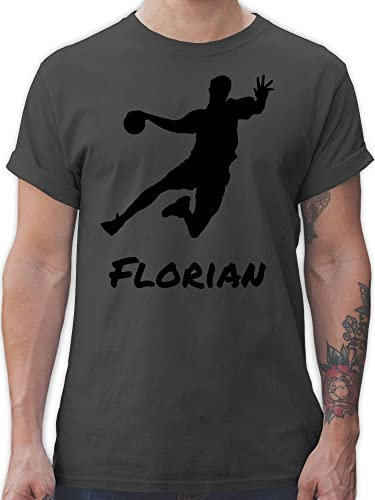 T-Shirt Herren - Geschenke Handball Zubehör - Handballer Silhouette mit Name - L - Dunkelgrau - personalisiertes Shirt von wm