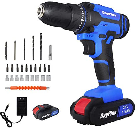 Drill Set 21V Cordless Drill Electric Power Drill Set with 1 Battery & Charger 3/8” Keyless Chuck 2 Variable Speed 26pcs Drill Driver Bits for Home