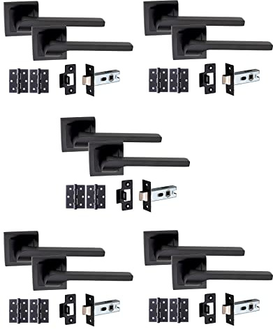 Golden Grace Sigma Door Handle Set with Hinges, Matt Black, 5 Sets | Includes spindles, screws, 64mm tubular latches and ball bearing hinges for quick, complete setup on internal doors.