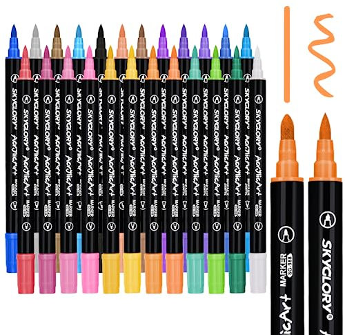 CORYIN Acrylic Paint Pens 24 Colors Dual Tip Rock Painting Pens Colouring Pens Kids Adult Fineliners Felt Tip Markers for Glass Plastic Wood Metal Ceramic Canvas Card Making Decoration