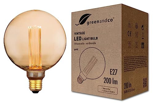 greenandco Vintage Design LED Birne zur Stimmungsbeleuchtung | E27 G125 | gold | 4W 200lm | 1800K extra warmweiß | 320° | 230V | flimmerfrei | nicht dimmbar | Edison Glühbirne