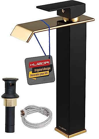 KUZOR Grifo de fregadero de recipiente, negro mate, grifo de lavabo de baño de cascada dorado brillante, grifos de baño altos de un solo agujero de 1 manija con drenaje desplegable de metal, grifo