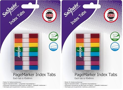 Snopake Index Tab PageMarkers with Colour Coded Tips 45 x 8 mm - 160 Tabs - Assorted [Ref: 15845] (Pack of 2)