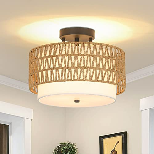 Rayofly Rattan Deckenlampe Wohnzimmer, Vintage Boho Deckenleuchte mit Leinen Lampenschirm, Semi-Flush Mount Deckenleuchte Bambus, Rustikal Hängelampe für Schlafzimmer Küche Flur Esstisch, Schwarz