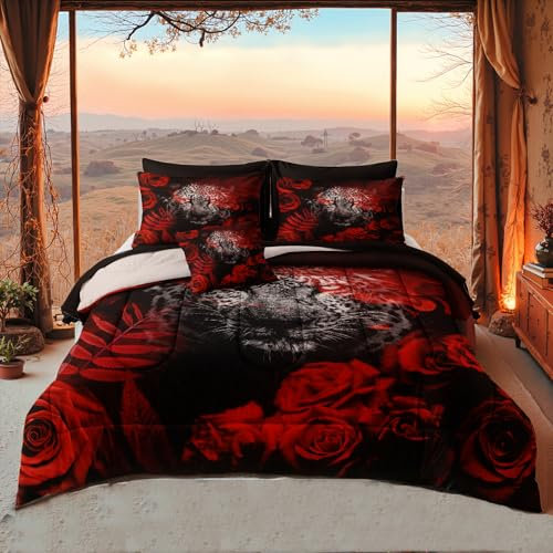 Bedbay Bettwäsche-Set mit Rosen-Leopardenmuster, für Jungen, Teenager, Wildtiere, Gepard, Queen-Size-Bett, rote Rose, Leopardenmuster, weich, flauschig, 8-teilig (Schwarz, Queen-Size)