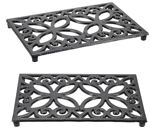 SUMTree 2pcs Rectangle Cast Iron Trivet, Decorative Heavy Duty Hot Pot Holder Mat, Vintage Four-leaf Clover Pattern Cast Iron Trivet with Rubber Pegs for Kitchen Dining Table