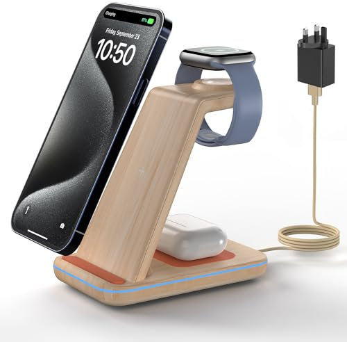 GEEKERA Wireless Charger, 3 in 1 Wireless Charging Station for iPhone 16/15/14/13/12/11/Pro Max/X/8, Phone Watch Charger Stand for Apple Watch 10/Ultra/9/8/7/6/5/4/3/2, AirPods 4/Pro/3/2-Bamboo