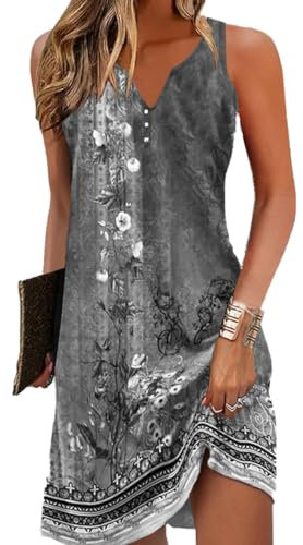 Yeenily Damen Bohemian Ärmellos Kleid V-Ausschnitt Blumenmuster Tunikakleider A Linien Lose Lässiges MiniKleid Freizeitkleid(Ärmellos Grau,L)