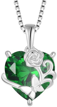 YL Collier Cœur Rosé Argent 925 taillé Mai Pierres de Naissance Emeraude Papillon Pendentif pour Femme