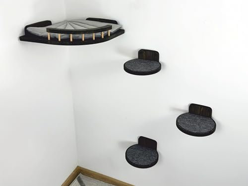 RshPets® Wandmontiertes Katzenmöbel Set: Eckbett und 3 Stufen - Kletterwand Katzen - Hängematte für Katzen - Wandelemente - Kletterwand Set - Katzentreppe Wand (Dunkle Farbe)