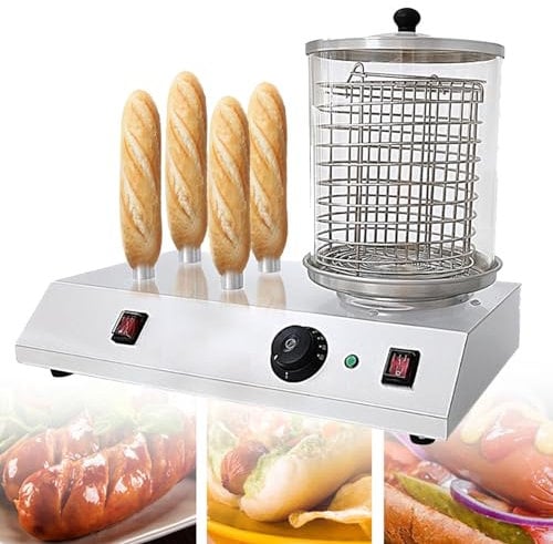 Oiyekntd Hot Dog Machine, Electric Bun Warmer, Commercial Hot Dogs Steamer with 4 Toaster Rods, Hot Dogs Roller Grill Toaster Oven Sausage Maker for Hot Dogs, Egg Rolls, Sausages