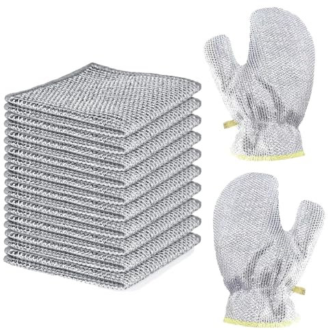 pafnisoin Drahtgeschirrtücher 10 Stück Draht Geschirrspüllappen 20 * 20CM Reinigungstücher Stahlwolle wiederverwendbares Reinigungstuch mit 2 Stück Drahthandschuhe