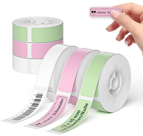 NIIMBOT Etiketten für D110 D11 D101 Etikettendrucker, Selbstklebender Etikettenband 12 x 40 mm 160 Etiketten pro Rolle, 6 Rollen Thermo-Etikettenband für für Zuhause, Büro, Schule, Weiß Rosa Grün