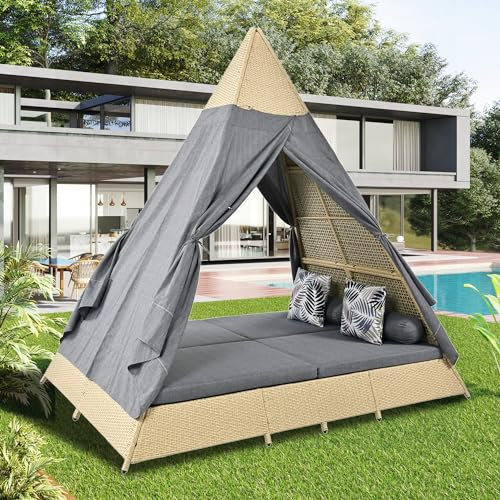 Merax Gartenlounge-Set, Rattanzelt, geeignet für 2-4 Personen, inklusive Aller Sitzkissen und Kissen, beiges Rattan, Grauer Türvorhang, Sitzkissen mit Reißverschluss, abnehmbar und waschbar