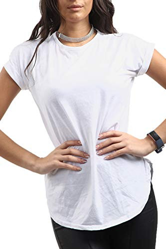 Womens PlainRound Neck Curved Hem Turn Up Cap Sleeve Jersey Basic Casual T Shirt Tee Top White M/L (UK 12/14)
